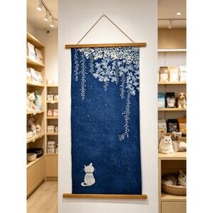Handmade Indigo Batik Starry Night Wall Hanging, Moonlit Cat & Butterfly Textile